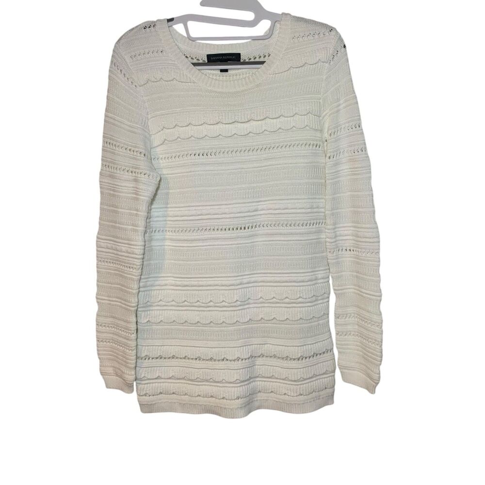 Banana Republic Womens White Knit Sweater Scallop Details S Preppy Holiday Event
